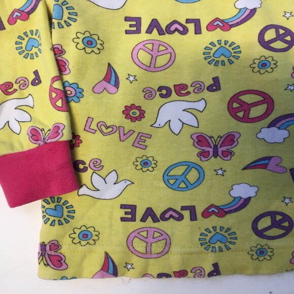 Kirkland Girls Size 2 Pajama Set Yellow Pink Peace Love 100% Organic Cotton - Picture 2 of 16